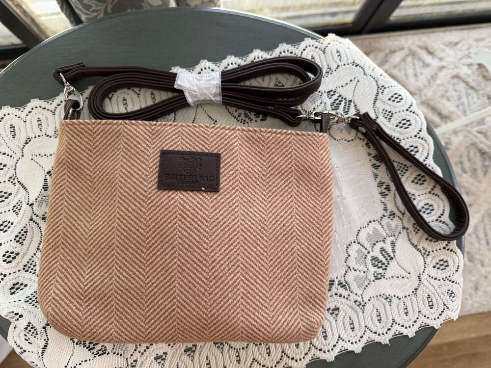 British Bag Company Herringbone Tweed Crossbody Wristlet Clutch Tan Wool Blend